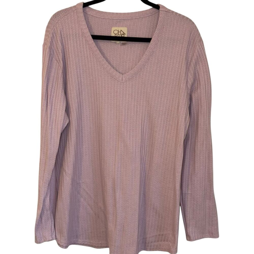 Chaser Women’s Pink Waffle Knit Long Sleeve V-Neck Shirt, XXL